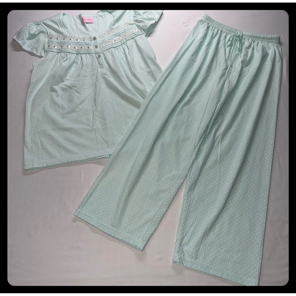 Pink Label Pajama Set Womens Mint Green Polka Dot Lace Trim Sleepwear Small